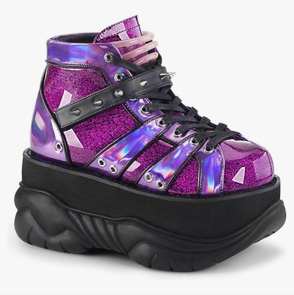 Demonia Shoes - Demonia Plant Neptunez 100 UV Unisex Platform Purple Glitter Hologram Sneakers